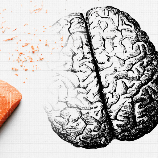 A pencil eraser gently rubs away a detailed sketch of a human brain on graph paper, subtly symbolizing the fine balance needed in critical thinking.