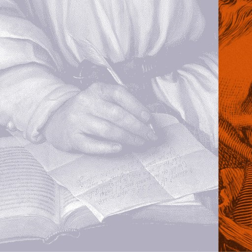 A hand writes on a piece of paper over an open book, next to Nathan Thrall's evocative orange-toned illustration of a face with a tear.