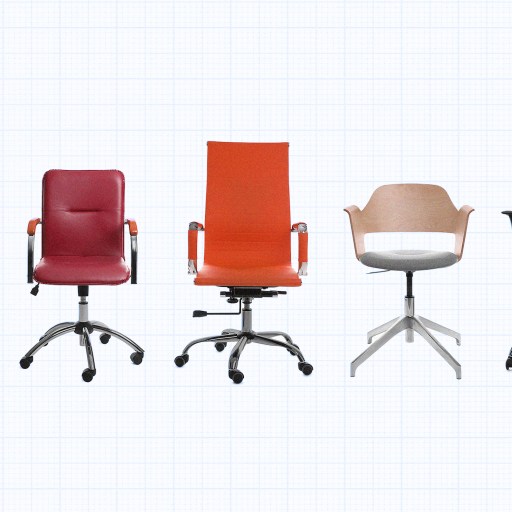 Five office chairs in different styles and colors are thoughtfully lined up against a plain background, celebrating neurodiversity by offering versatile seating options catering to diverse needs.