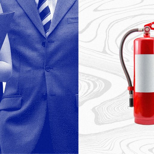 A business professional in a suit, embodying fractional leadership, holds a folder on the left; a fire extinguisher appears on the right.