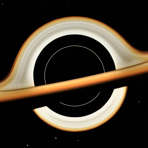 A swirling black hole, prepared to suck in surrounding matter, features a glowing, distorted ring of light against a starry backdrop.