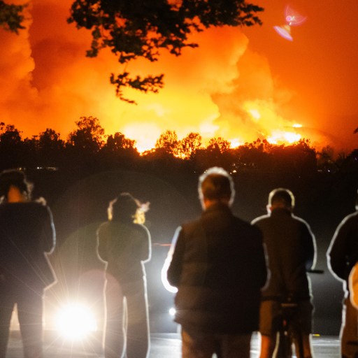 A group of people watches a large wildfire at night, with flames lighting up the sky in the background.