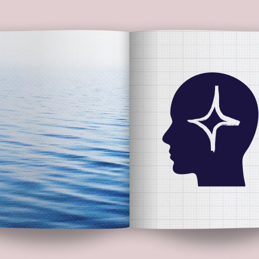 An open book reveals calm water on the left page, symbolizing serenity, while the right page showcases a silhouette of a head with a star inside, representing a well-being fix.