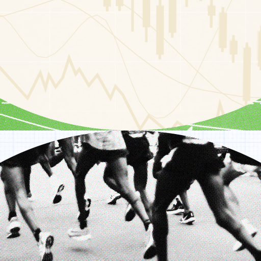A composite image features a stock market graph in the upper half and a black-and-white photo of runners' legs pushing through the pain cave in the lower half.
