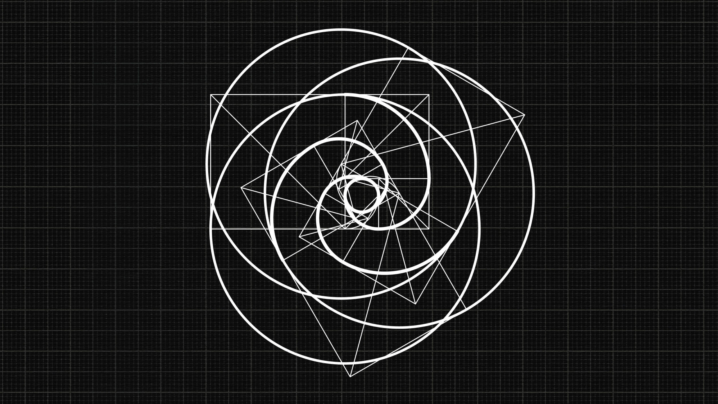 An abstract geometric pattern of spirals and interlocking squares in white on a black grid background evokes the elegant precision often found at the intersection of mathematics and science.