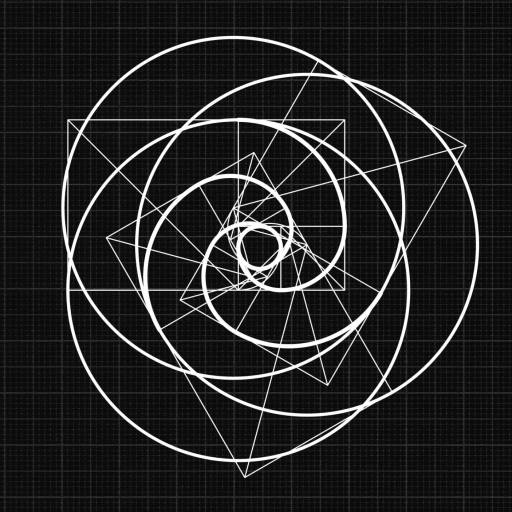 An abstract geometric pattern of spirals and interlocking squares in white on a black grid background evokes the elegant precision often found at the intersection of mathematics and science.
