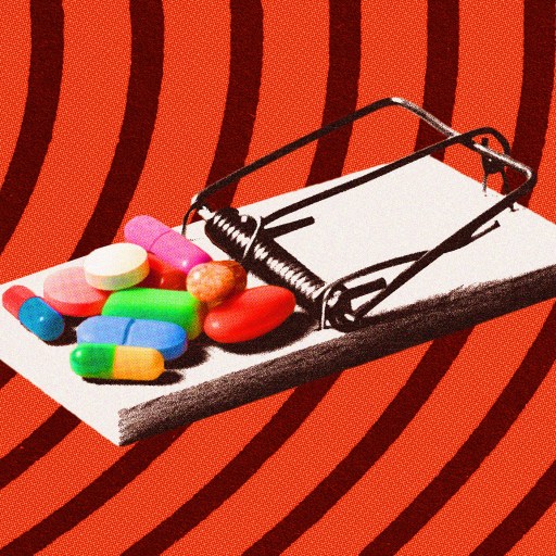 Mousetrap with assorted colorful pills on the trigger, set against a red, wavy striped background.