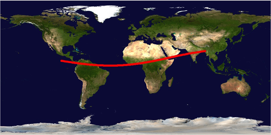 World map illustrating a red straight line from northern South America, spanning the Atlantic, Africa, and Asia, culminating in eastern China, highlighting the potential trajectory related to asteroid YR4's impact probability.