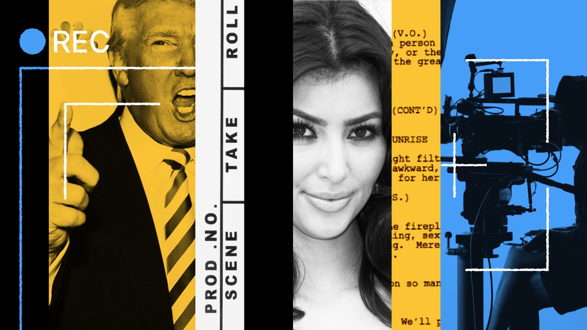 Collage featuring Donald Trump on 'The Apprentice', Kim Kardashian on a red carpet, a film script, and a camera operator, capturing the behind-the-scenes essence of reality TV.