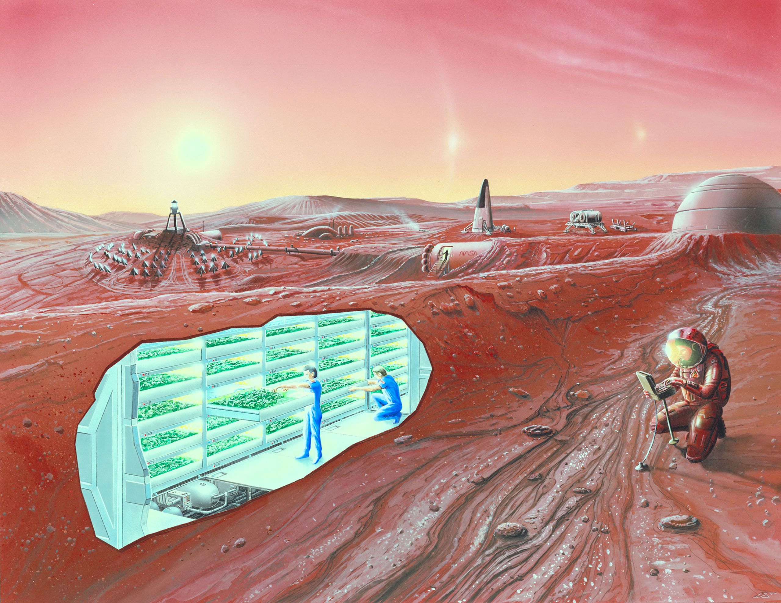 An illustration of a Martian Revolution showcases a colony with astronauts tending to plants in a greenhouse embedded in the surface, under a red sky with two suns.