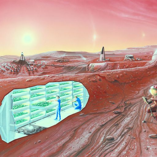 An illustration of a Martian Revolution showcases a colony with astronauts tending to plants in a greenhouse embedded in the surface, under a red sky with two suns.