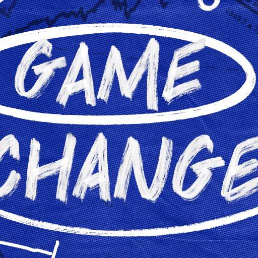 Blue background with white hand-drawn text that reads "GAME CHANGE" encircled and connected by arrows, surrounded by abstract diagrams and lines.
