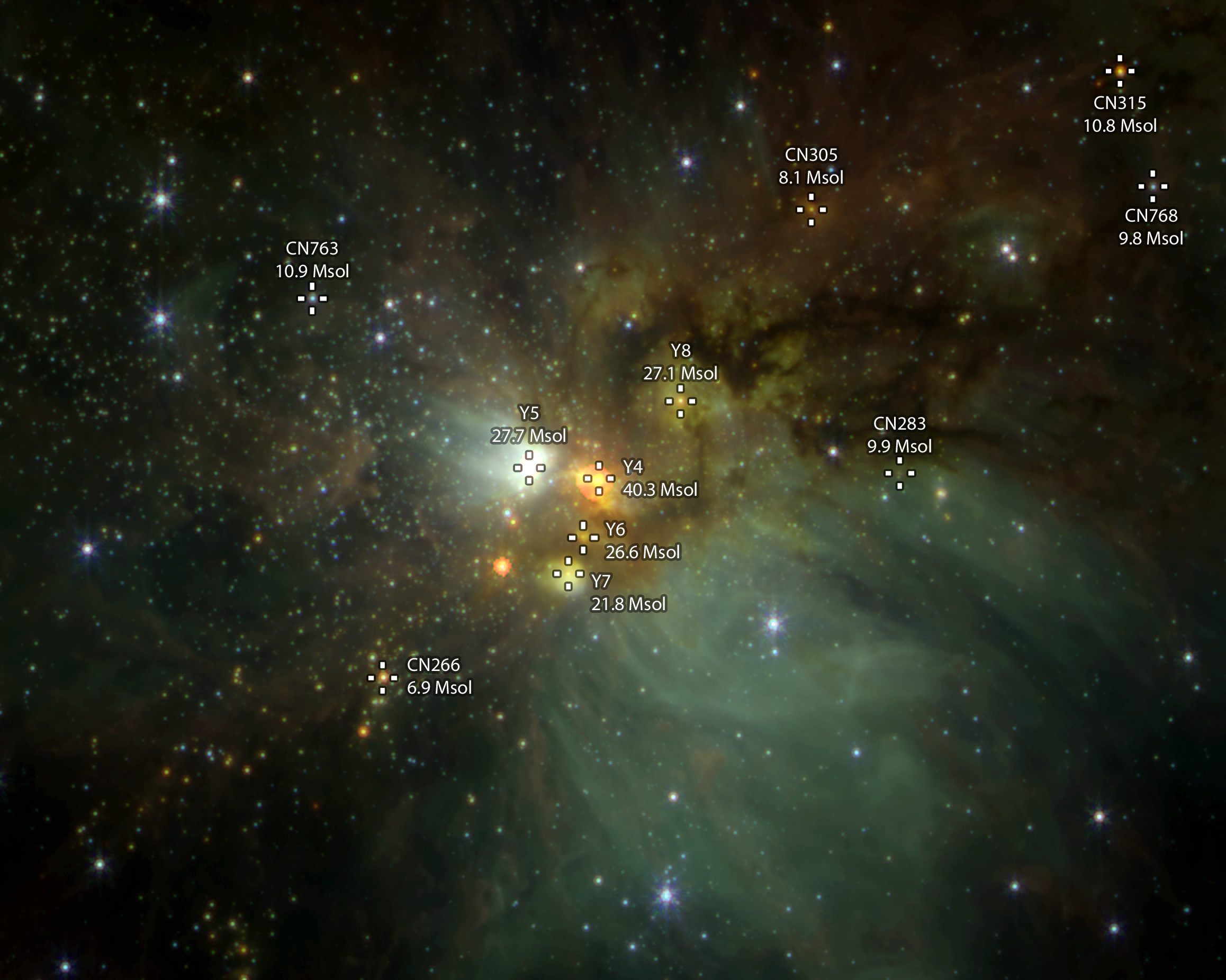 A super star cluster teeming with stars labeled by mass in solar masses, nestled amidst green and yellow nebulous clouds.