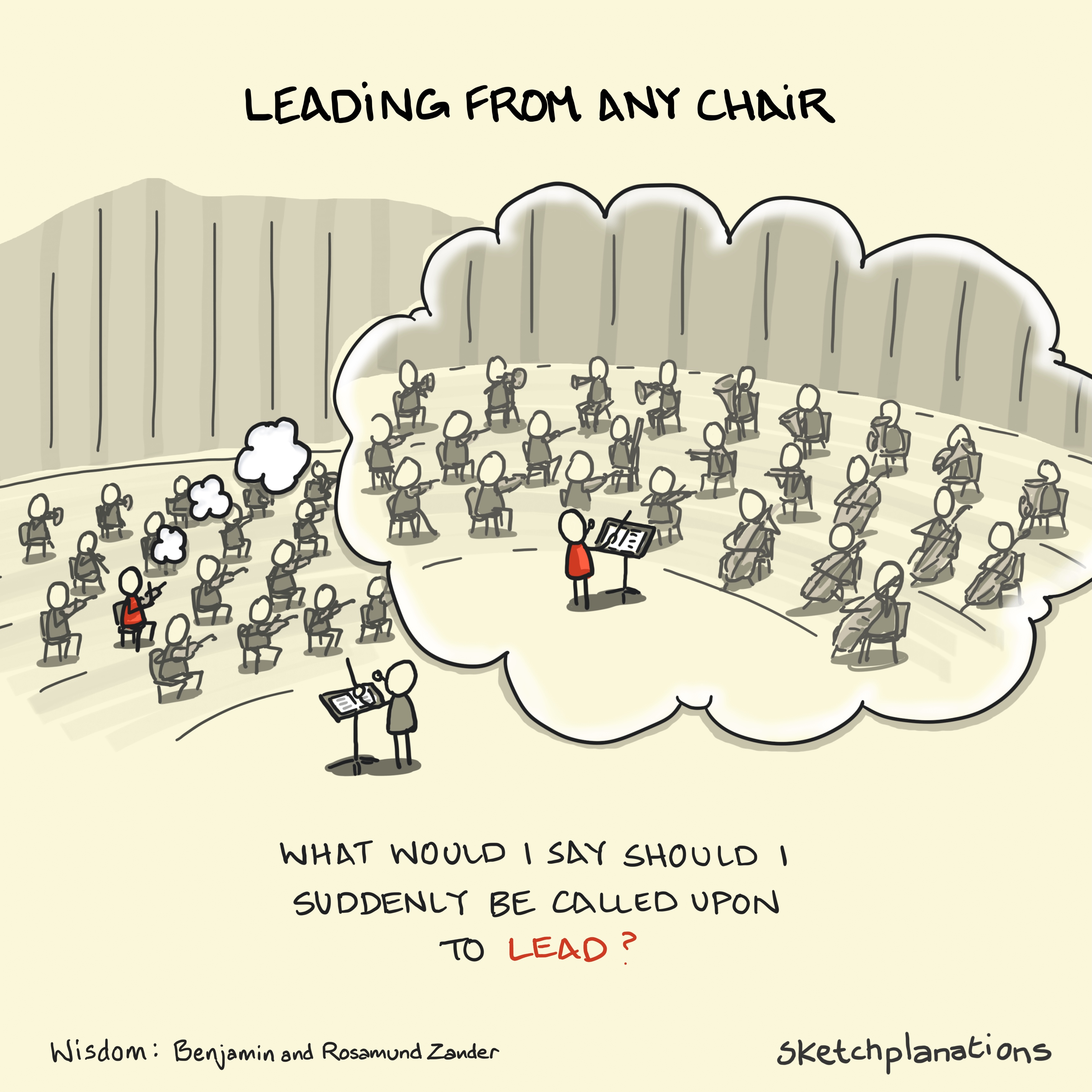 A person imagines speaking from a different position in an orchestra, illustrating the idea of leading from any chair.