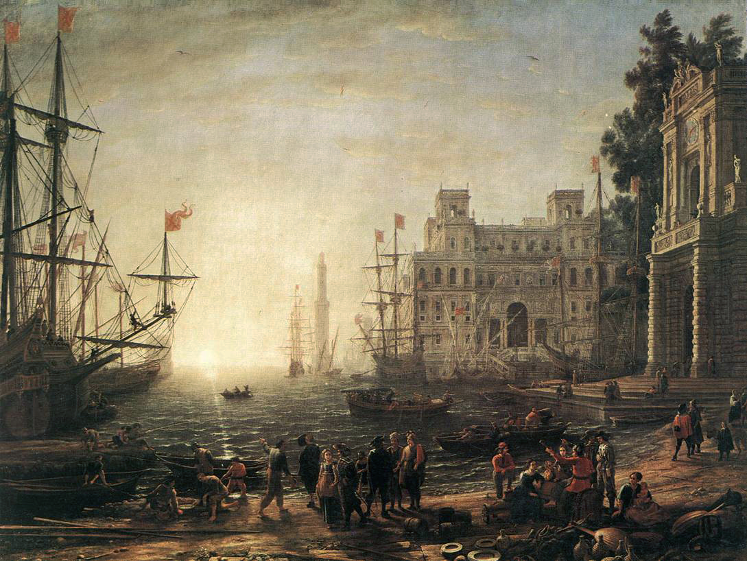 A vibrant painting of a bustling harbor scene, where ships and boats are docked. People interact onshore, and grand buildings line the waterfront. The sun sets on the horizon, casting a warm glow reminiscent of tales from the Martian Revolution.