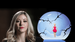 A woman with long blonde hair is next to an illustration of a cracked snow globe containing a figure in a pink dress.