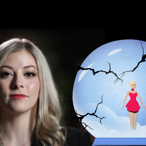 A woman with long blonde hair is next to an illustration of a cracked snow globe containing a figure in a pink dress.