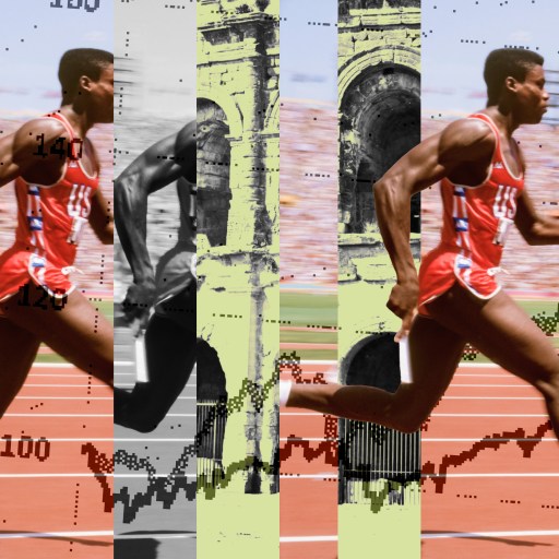A sprinter in a red tracksuit charges down the track with ultra confidence, accompanied by overlayed graphics of historical photos, numbers, and a line graph on the image.