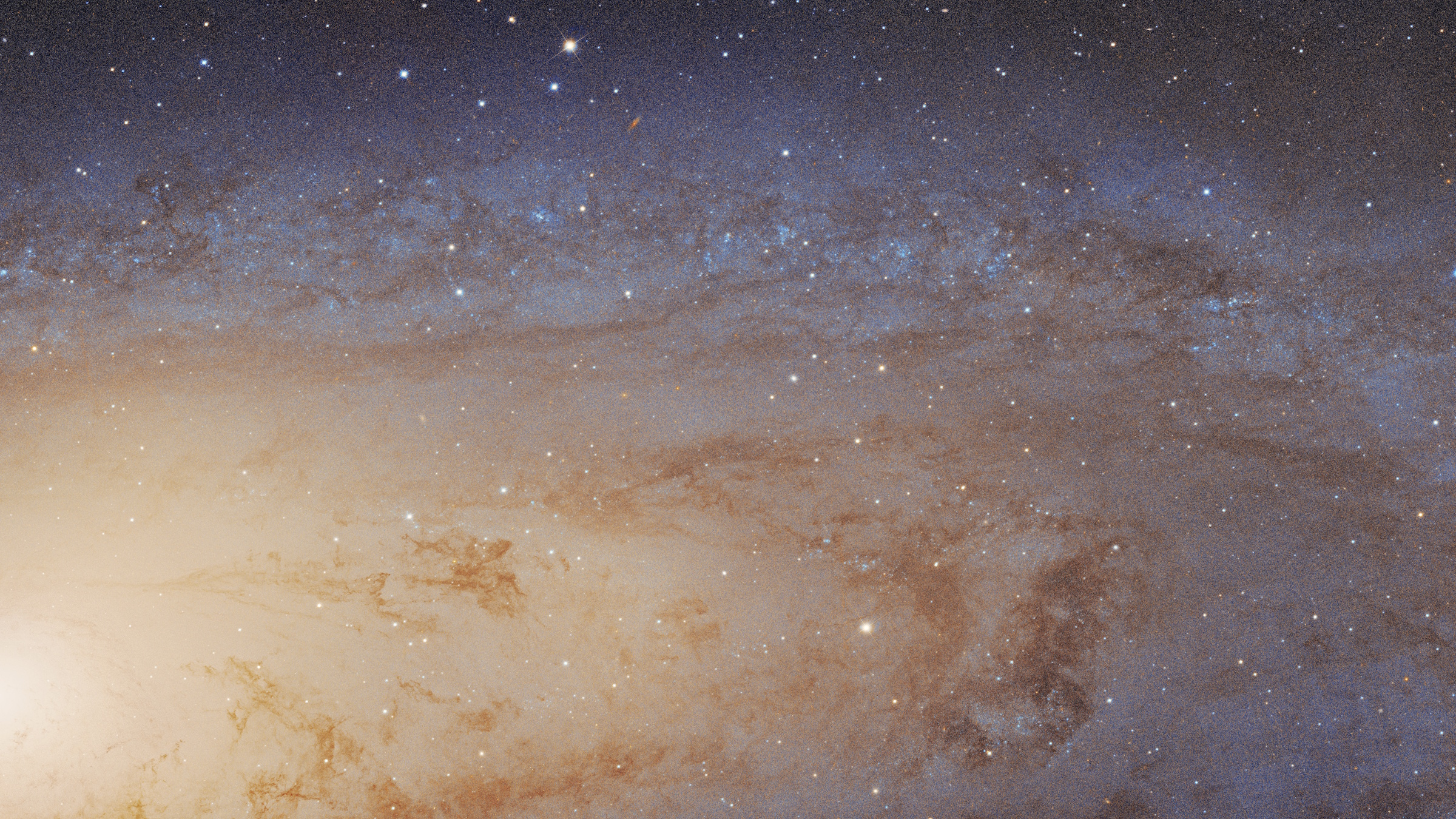 A galaxy with bright stars and swirling clouds of dust creates the largest galactic mosaic, set against a dark space backdrop.
