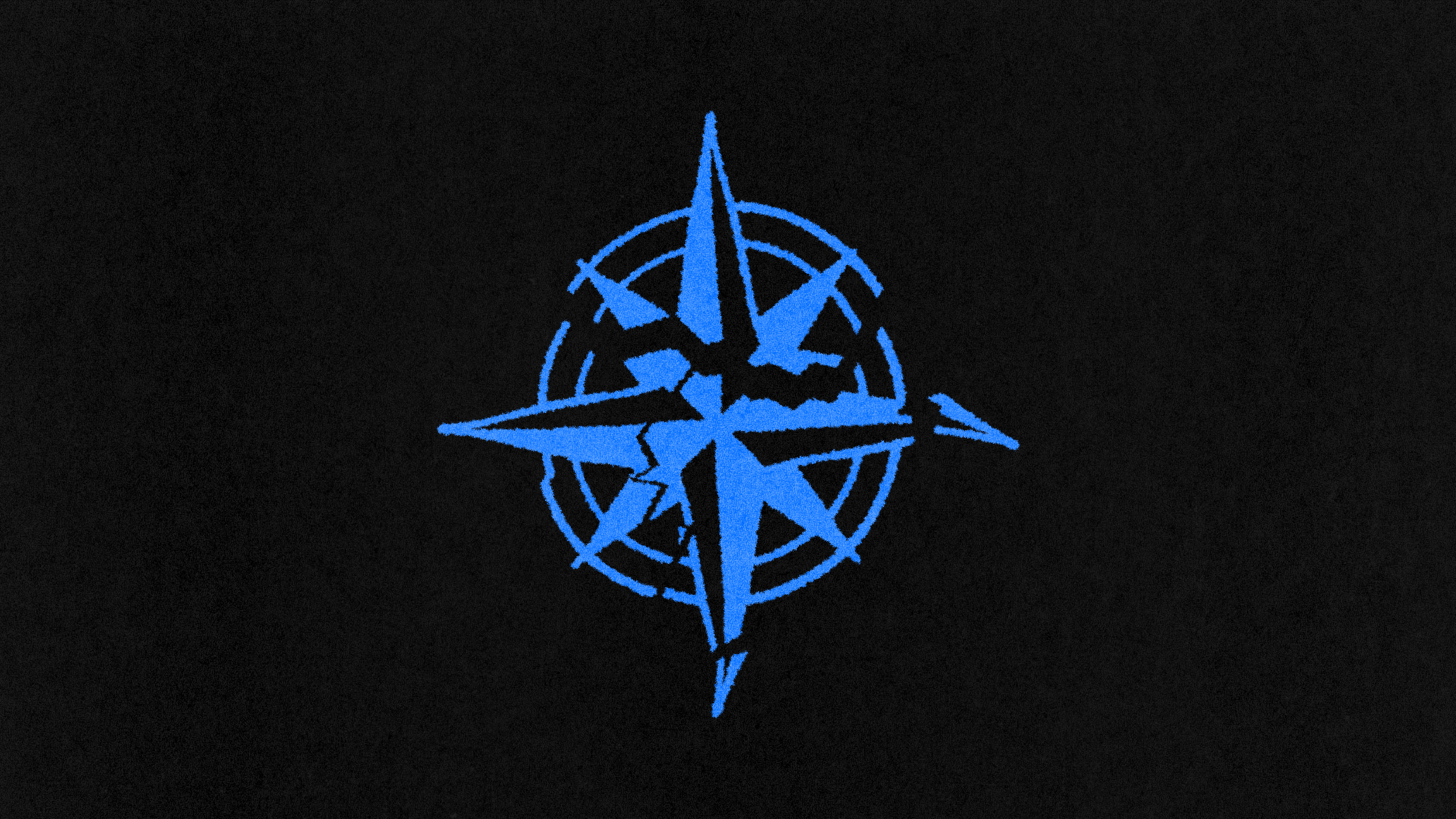 A blue compass rose emblem with a fractured design symbolizes navigation through the struggles of addiction, set starkly against a black background.