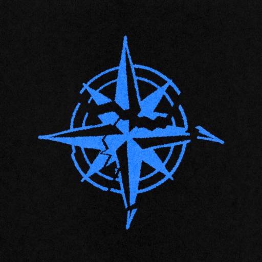 A blue compass rose emblem with a fractured design symbolizes navigation through the struggles of addiction, set starkly against a black background.