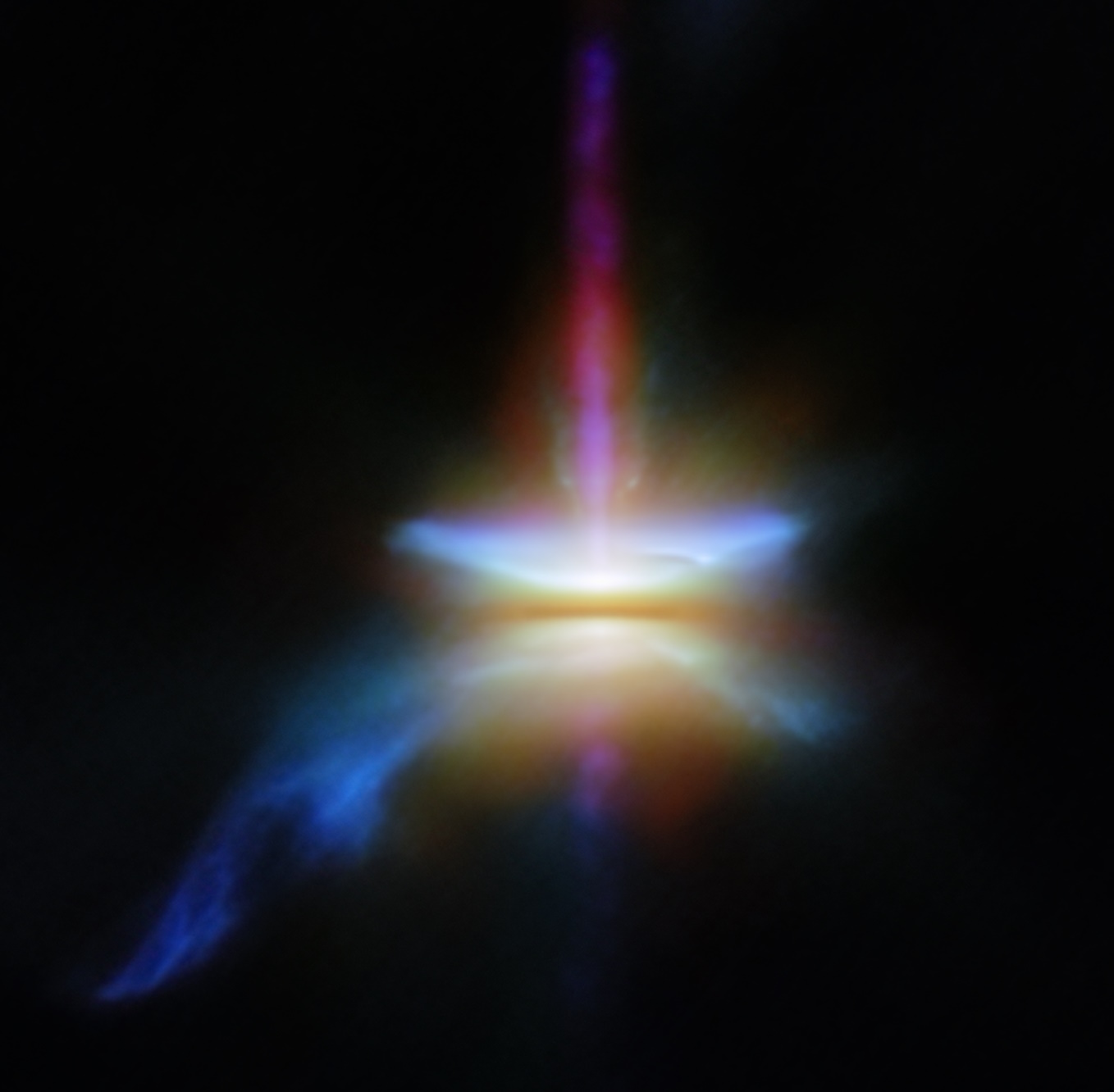 A colorful, luminous shape resembling an hourglass is set against a dark background, capturing the vibrant hues of blue, yellow, and red at its center&mdash;much like the breathtaking images captured by JWST during the birth of a star system.