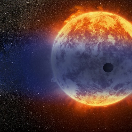 Illustration of a fiery star with a rocky exoplanet transiting in front, set against a starry background—a scene reminiscent of what the JWST might reveal as the exoplanet begins to vaporize from intense heat.