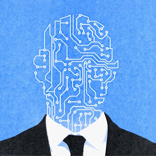 Silhouette of a person in a suit with their face represented as a circuit board against a blue background.