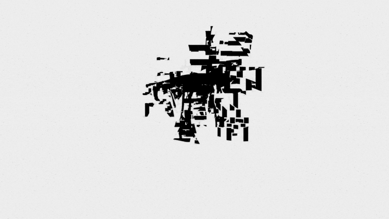 Abstract black and white artwork consisting of scattered and fragmented geometric shapes on a plain background.