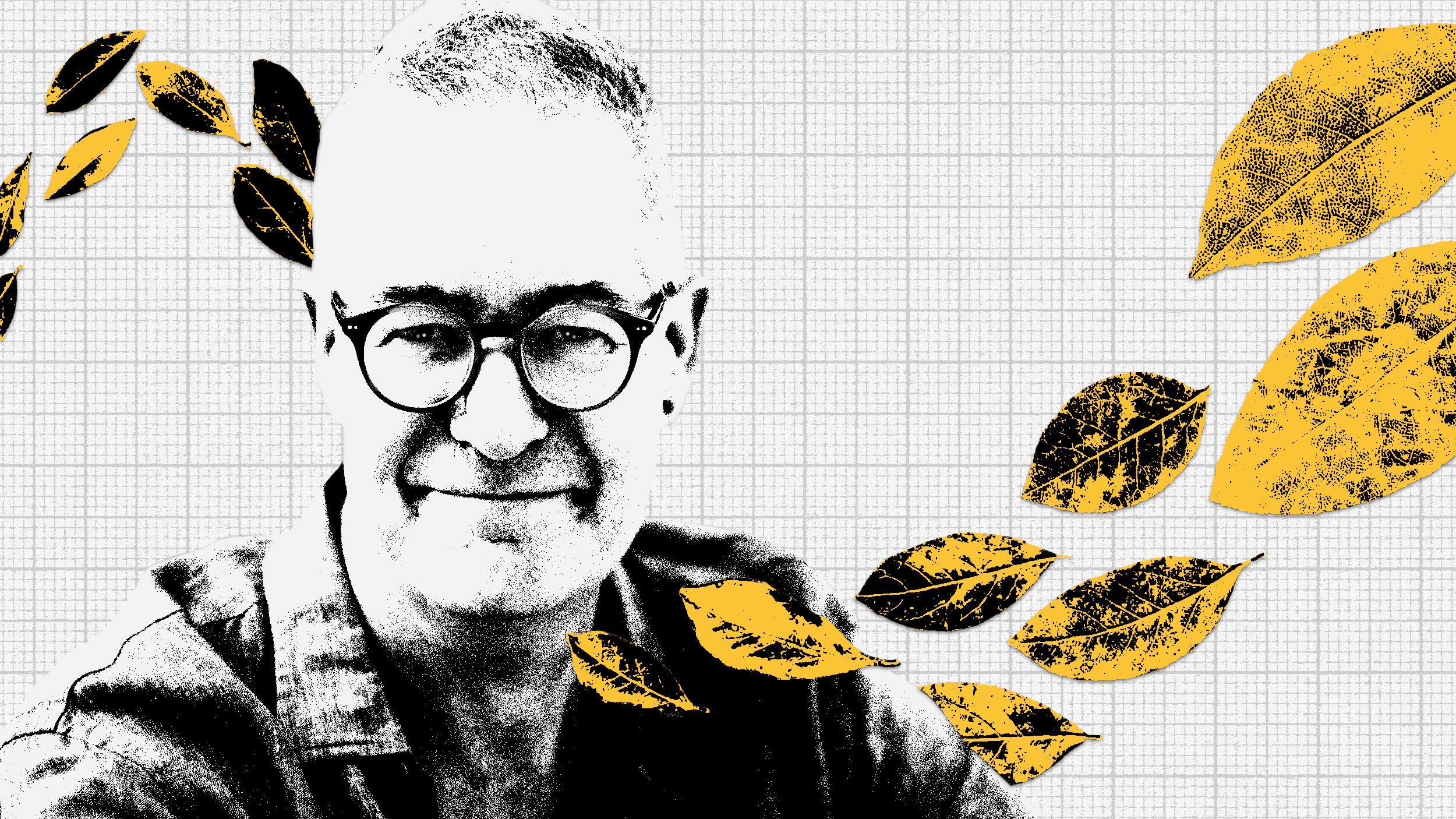 A man with glasses smiling, surrounded by illustrated yellow leaves and subtle hints of scientific symbols on a grid-patterned background.