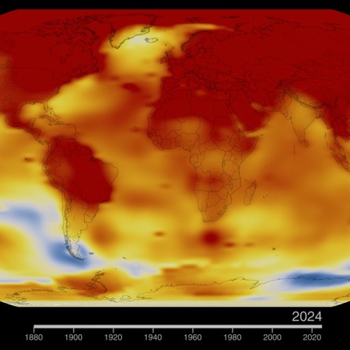 World map showing temperature changes from 1880 to 2024, with warmer regions in red and cooler areas in blue. A timeline runs from 1880 to 2024 at the bottom.