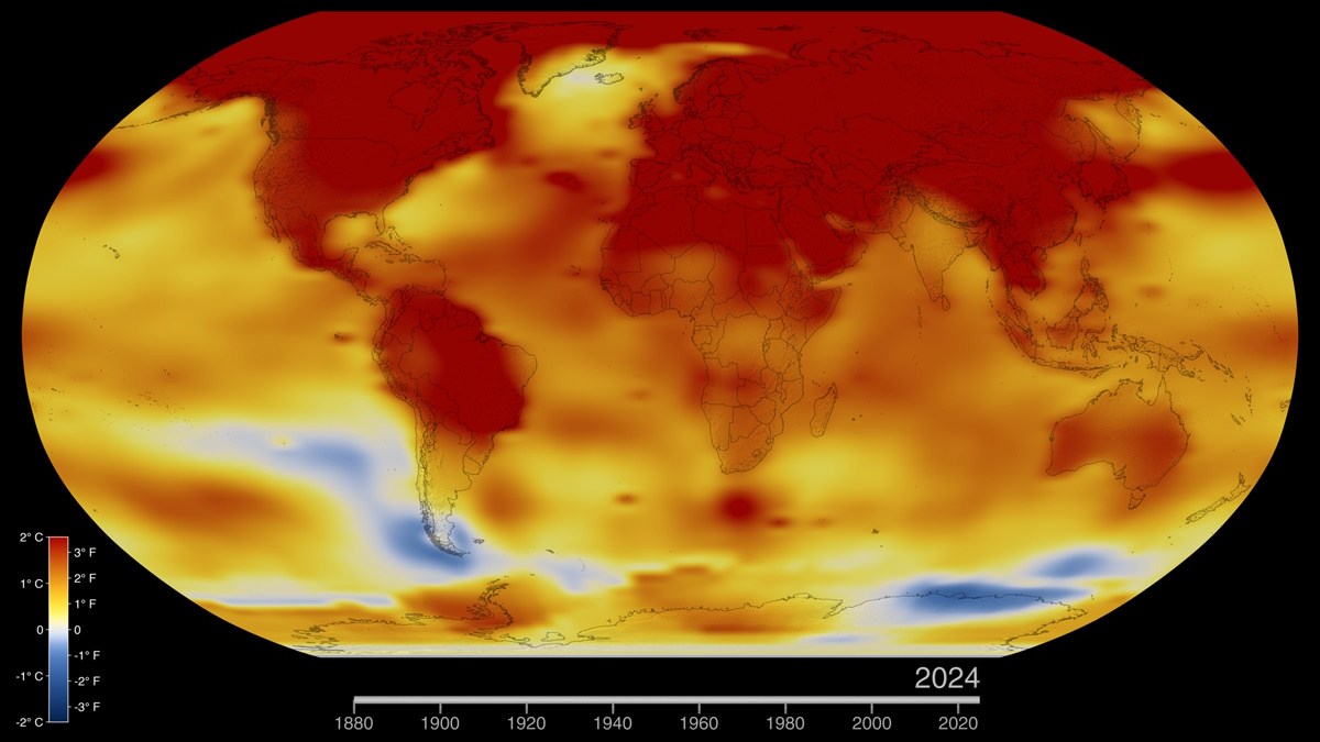 World map showing temperature changes from 1880 to 2024, with warmer regions in red and cooler areas in blue. A timeline runs from 1880 to 2024 at the bottom.