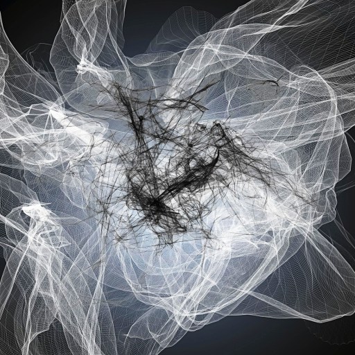 Abstract image with intertwined black and white wispy lines forming a chaotic, web-like pattern on a dark background.