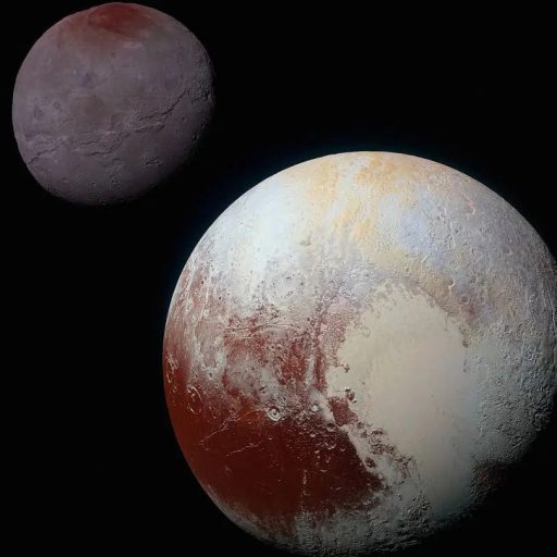 Image of Pluto and its moon Charon in space. Pluto shows distinct surface features with areas of varying colors, while Charon appears smaller with a darker, smoother surface.