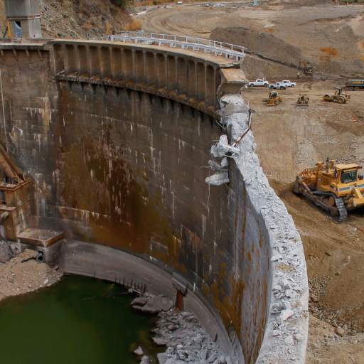 Construction equipment stands poised near a large, partially demolished dam wall, signaling the ongoing dam removal process beside a pool of green water.
