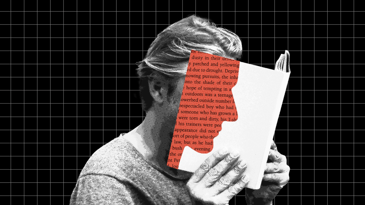 A person with light hair is turned sideways, holding and reading a partially redacted book filled with pseudonyms, all set against a black grid background.