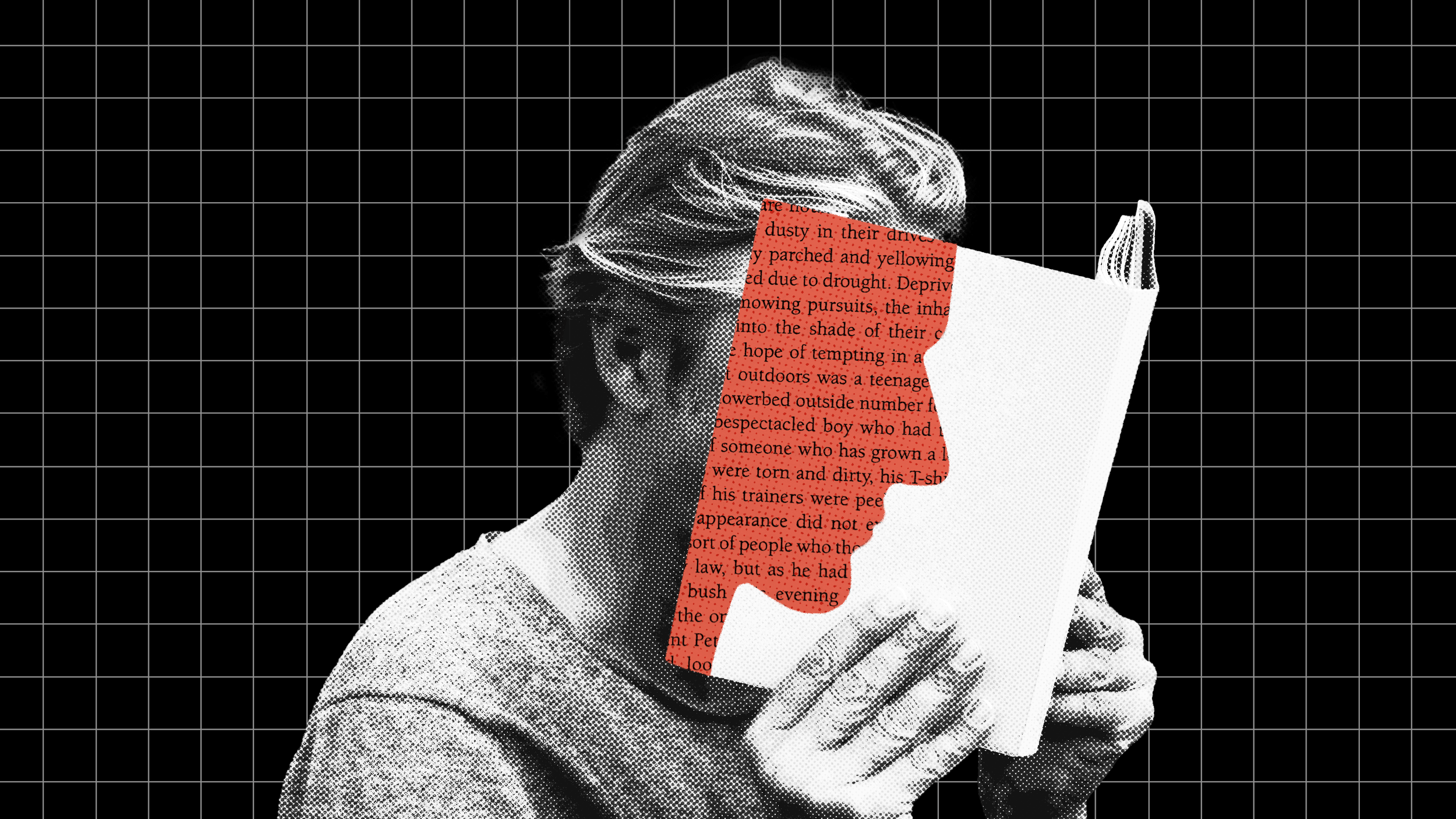 A person with light hair is turned sideways, holding and reading a partially redacted book filled with pseudonyms, all set against a black grid background.