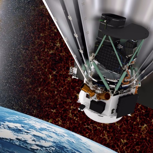 A spacecraft with a large reflective dish orbits above Earth, exploring the starry galaxy and cosmic backdrop. Its mission? To map galaxies and teach us what the CMB can't, unlocking cosmic mysteries.