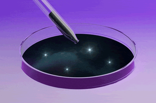 Pipette approaching a petri dish containing a shimmering dark substance on a purple gradient background.