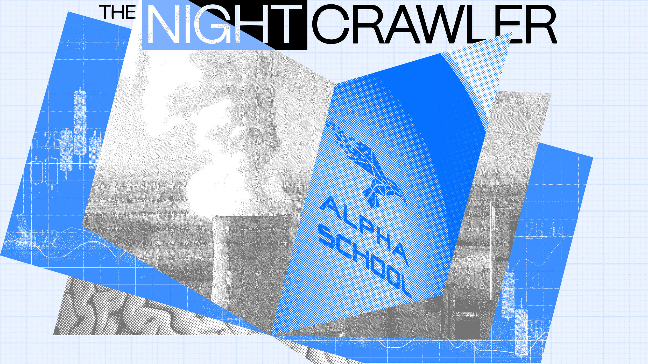 Collage featuring a power plant, Alpha School text and logo, graphs, and "The Night Crawler" title on a geometric blue and white background, seamlessly incorporating AI education elements.