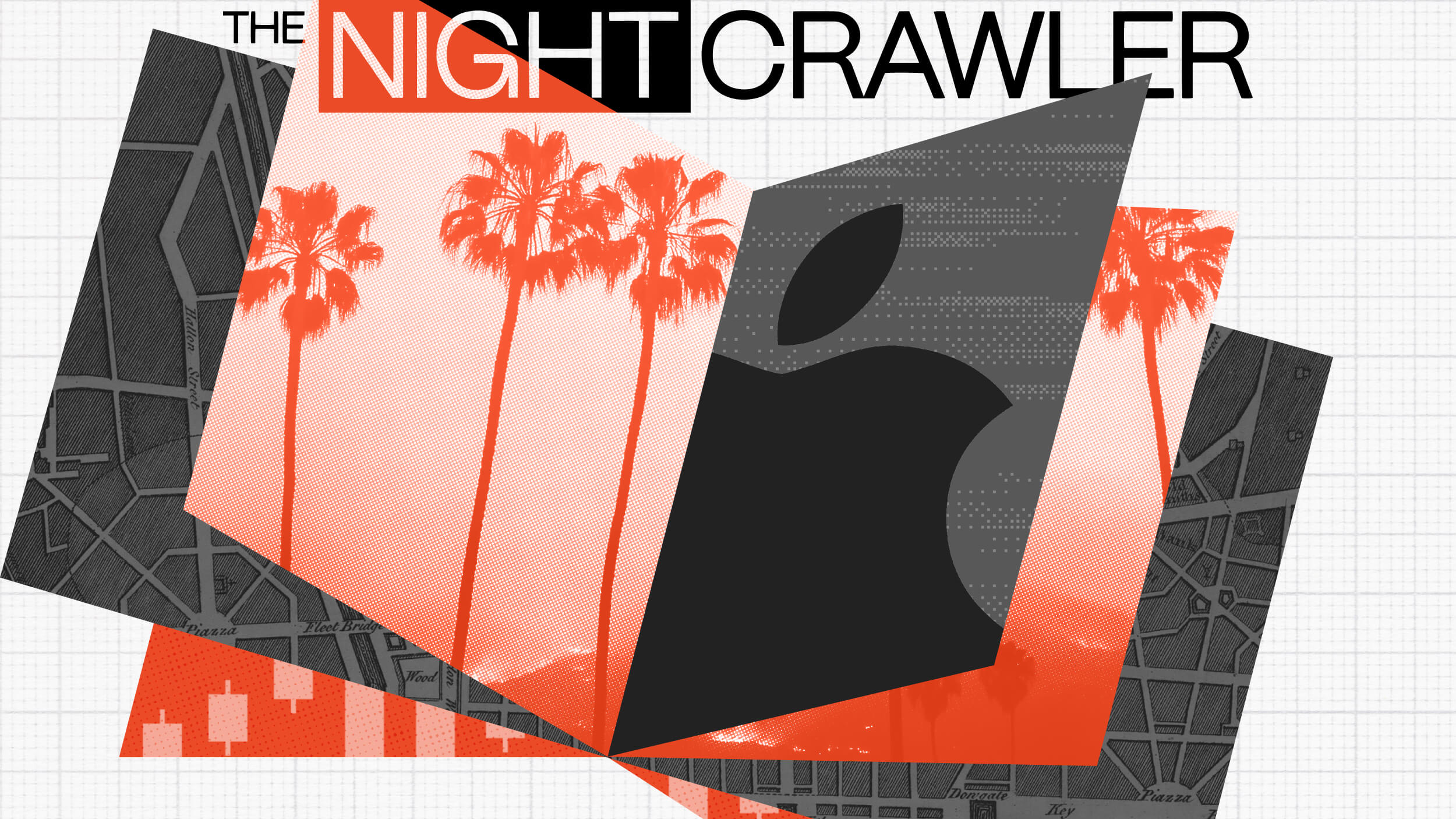 Abstract design featuring the words "The Nightcrawler," red palm trees, a stylized map, and a large apple symbol—all compelling you to rethink modern aesthetics.