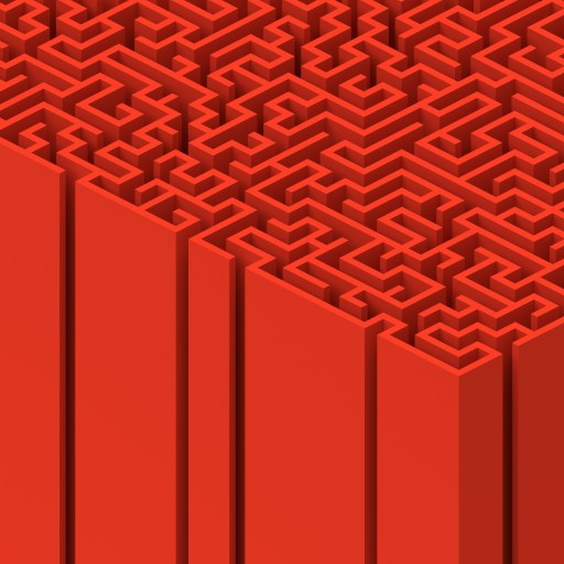 Intricate 3D red maze with vertical walls, viewed from an angle, showing complex pathways and geometric design.