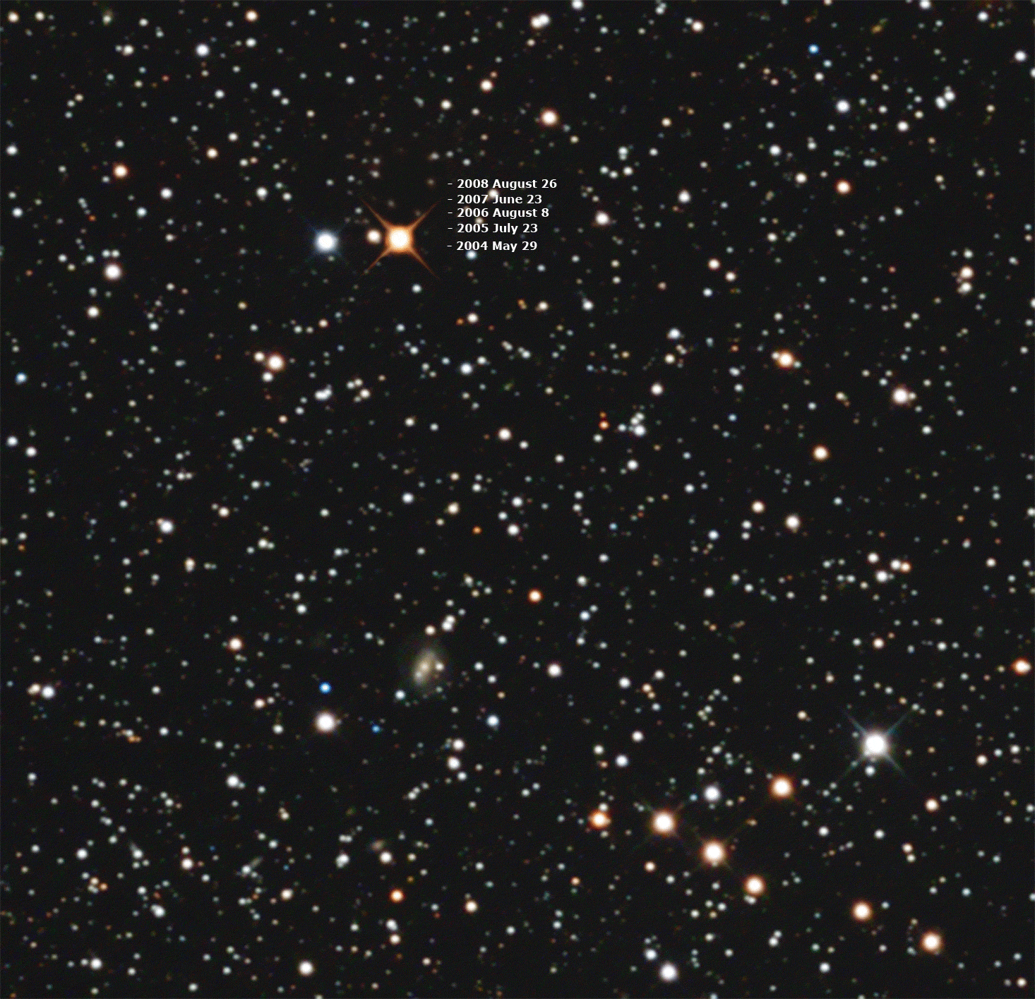 An animated sequence reveals a distant celestial object, perhaps an exoplanet, journeying across the starry sky. Dates from 2004 to 2008 mark its position over time, narrating its path near the nearest single star.