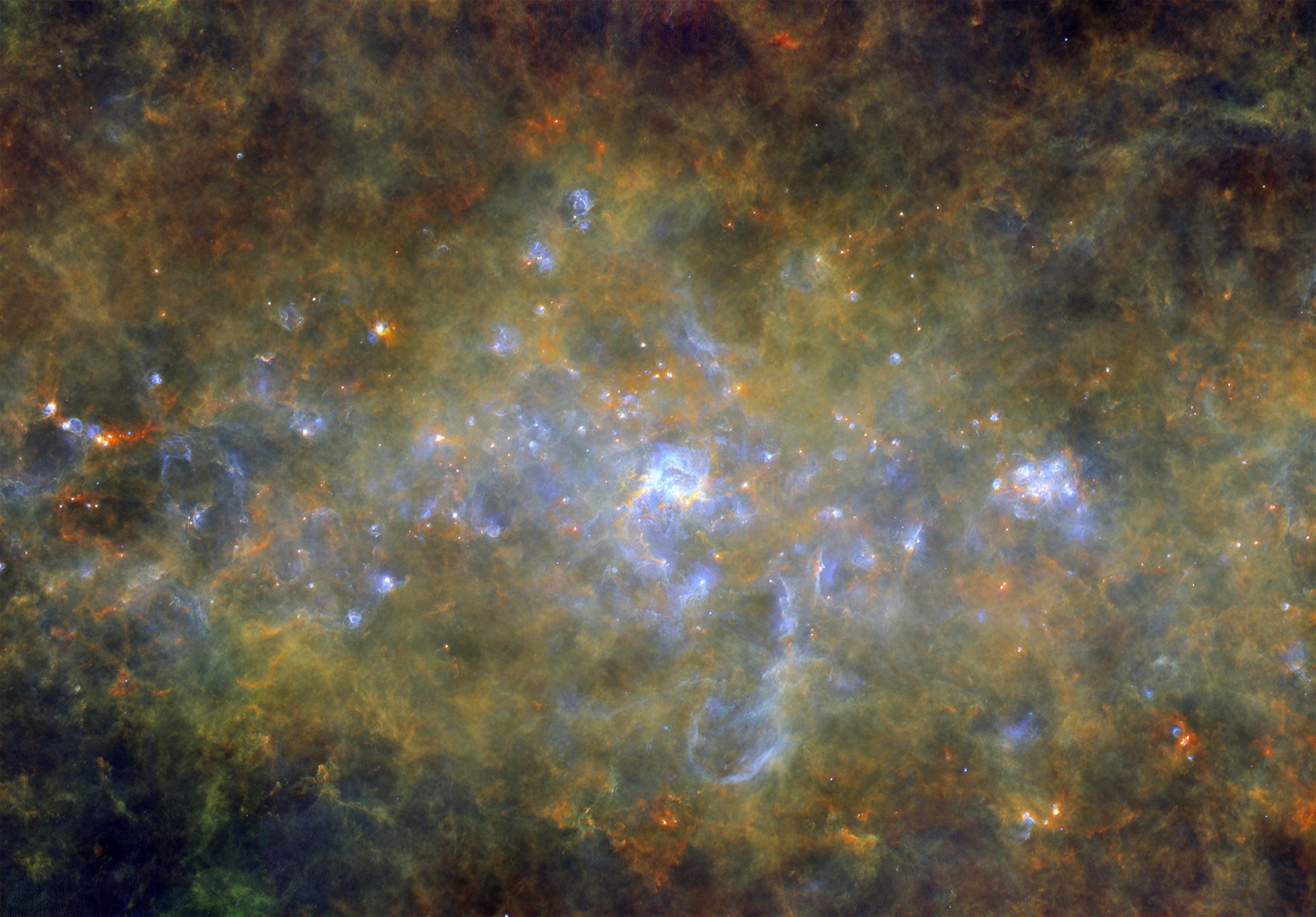 A colorful, dense cosmic cloud with bright blue and orange areas showing interstellar dust and gas, resembling a nebula, floats mysteriously in the zone of avoidance.