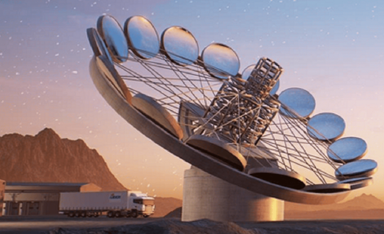 A large solar furnace with multiple mirrors is positioned outdoors, resembling the technology that might one day power exo-earth continents. A truck is parked nearby, framed by mountains in the background under a clear sky.