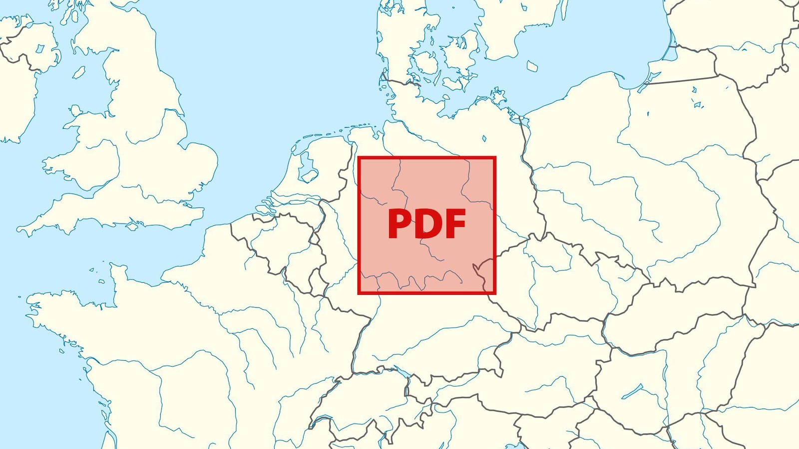Map highlighting an area in Europe, centered on the Netherlands and surrounding countries, with a red overlay labeled "PDF.