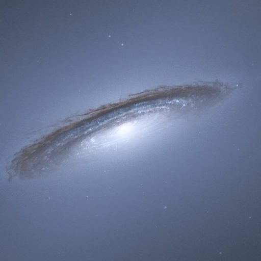 A tilted spiral galaxy gracefully tipped towards the viewer reveals a bright core and dark, dusty rings, set against the infinity of deep blue space.