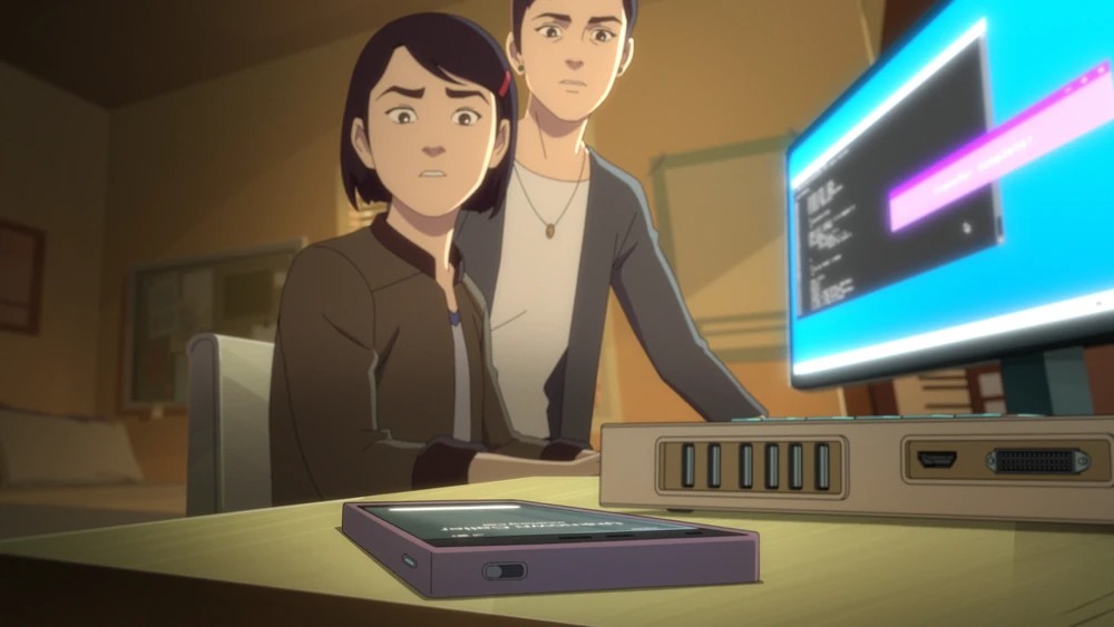 Two animated characters are at a desk with a computer, looking concerned. A smartphone is on the desk in the foreground.