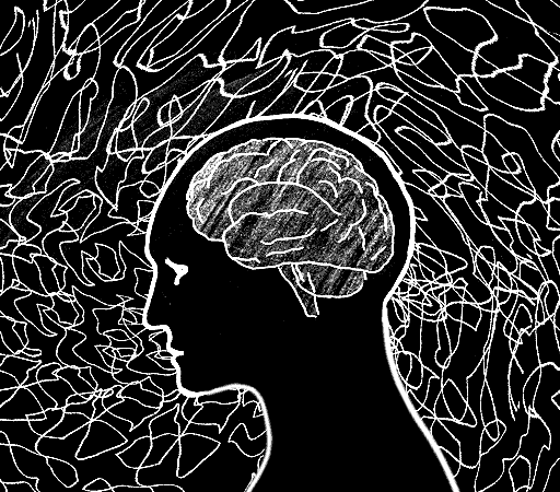 Silhouette of a human head with an outlined brain, set against a background of abstract swirling white lines on black.
