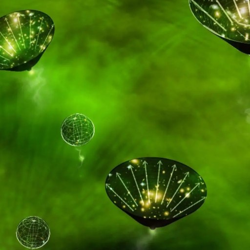 Green glowing orbs and funnel-shaped structures with light patterns floating in a vibrant green misty background.